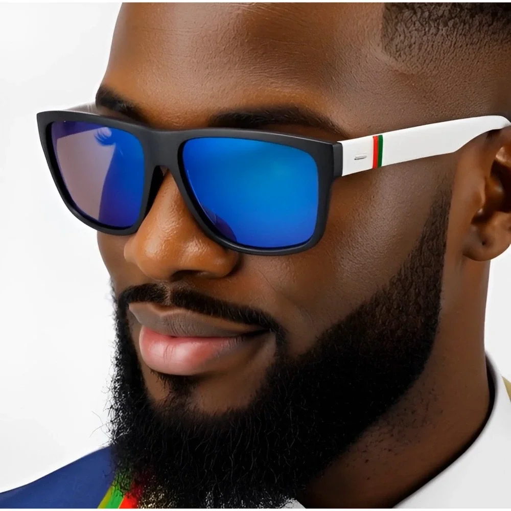 Mens Black Sunglasses Polarized Blue Mirror Lenses White Temple‎ Accents Lentes